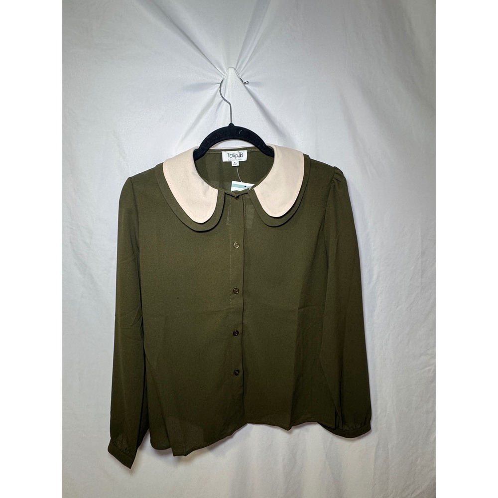 Tulip B Peter Pan Collar Blouse Womens M Olive Green Cream NWT Dark Academia